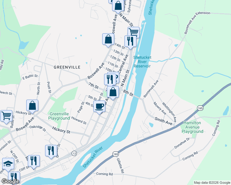 map of restaurants, bars, coffee shops, grocery stores, and more near 261 Central Avenue in Norwich