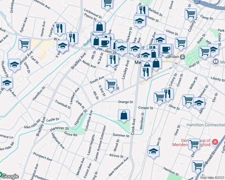 map of restaurants, bars, coffee shops, grocery stores, and more near 13 South 2nd Street in Meriden
