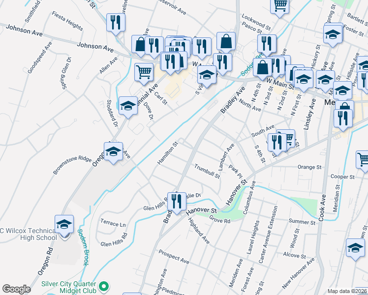 map of restaurants, bars, coffee shops, grocery stores, and more near 88 Harvard Avenue in Meriden
