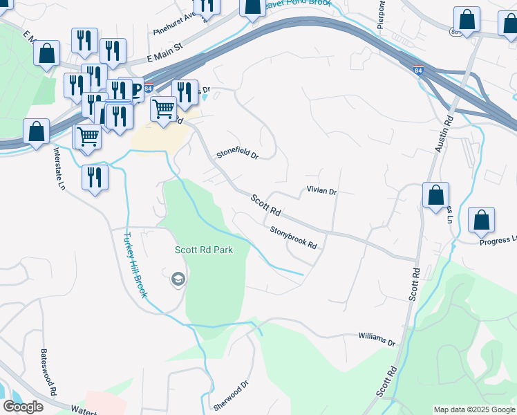 map of restaurants, bars, coffee shops, grocery stores, and more near 378 Scott Road in Waterbury