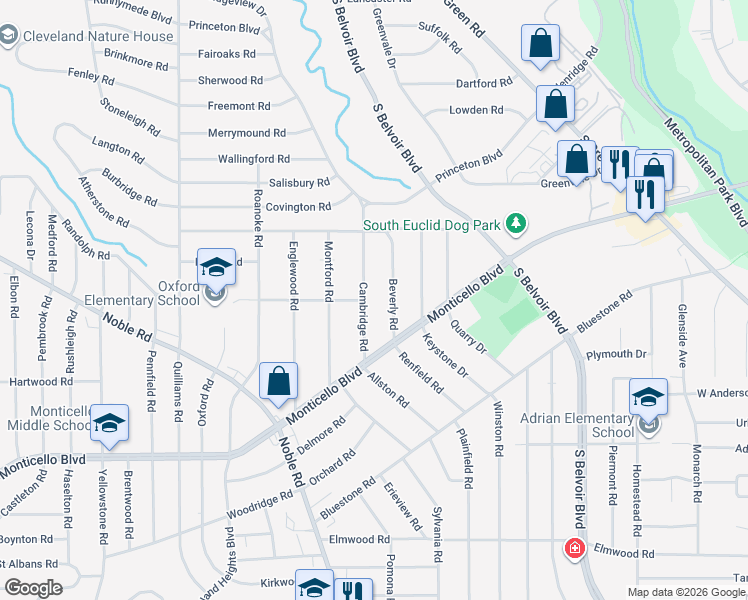 map of restaurants, bars, coffee shops, grocery stores, and more near 926 Cambridge Road in Cleveland Heights