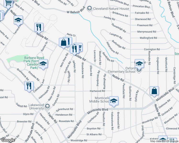 map of restaurants, bars, coffee shops, grocery stores, and more near 920 Elbon Road in Cleveland Heights