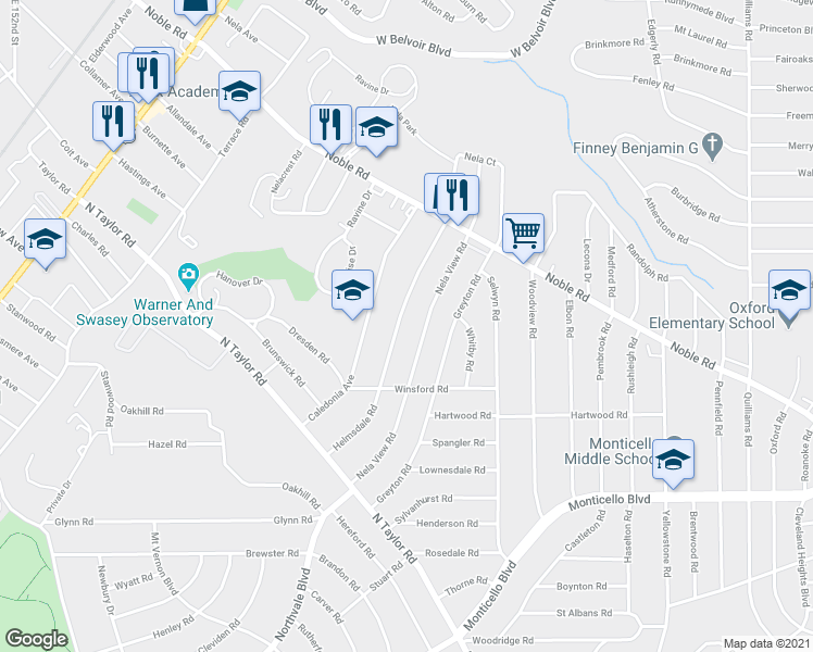 map of restaurants, bars, coffee shops, grocery stores, and more near 924 Nela View Road in Cleveland Heights