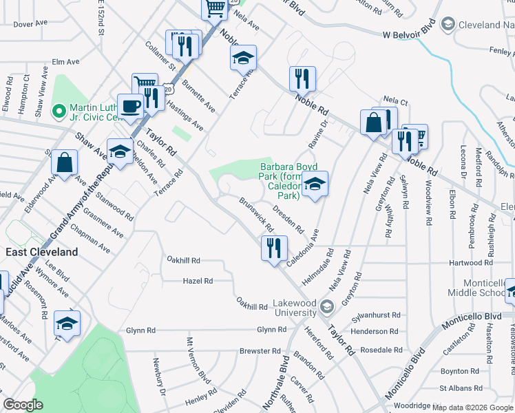 map of restaurants, bars, coffee shops, grocery stores, and more near 923 Brunswick Road in Cleveland Heights