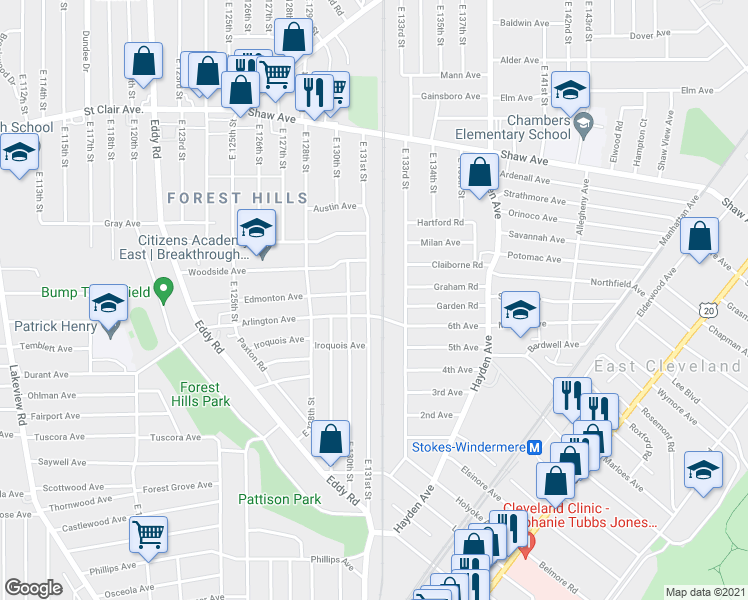 map of restaurants, bars, coffee shops, grocery stores, and more near 1600 East 133rd Street in East Cleveland