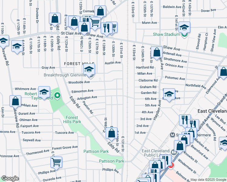map of restaurants, bars, coffee shops, grocery stores, and more near 13005 Arlington Avenue in Cleveland