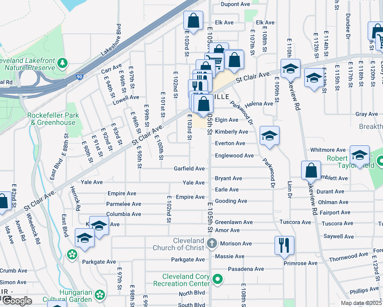 map of restaurants, bars, coffee shops, grocery stores, and more near 807 East 103rd Street in Cleveland