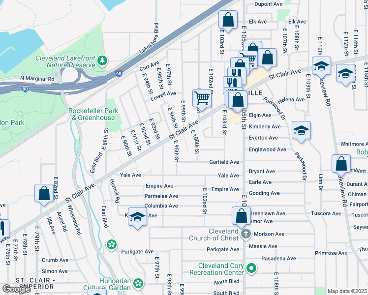 map of restaurants, bars, coffee shops, grocery stores, and more near 815 East 95th Street in Cleveland