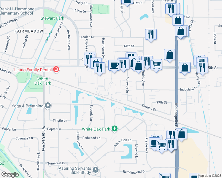 map of restaurants, bars, coffee shops, grocery stores, and more near 9834 Wildwood Court in Highland