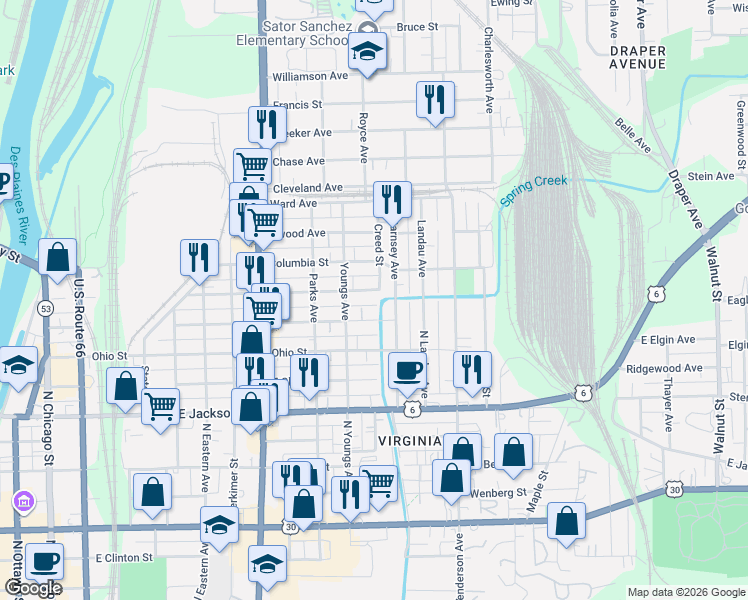 map of restaurants, bars, coffee shops, grocery stores, and more near 563 Irving Street in Joliet