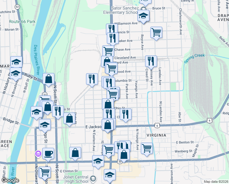 map of restaurants, bars, coffee shops, grocery stores, and more near 560 Collins Street in Joliet