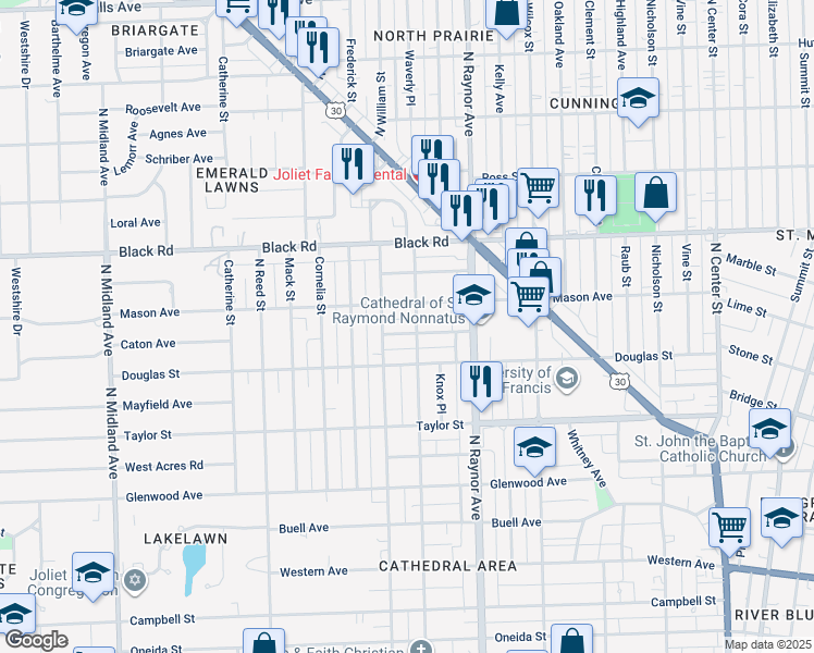 map of restaurants, bars, coffee shops, grocery stores, and more near 903 Caton Avenue in Joliet