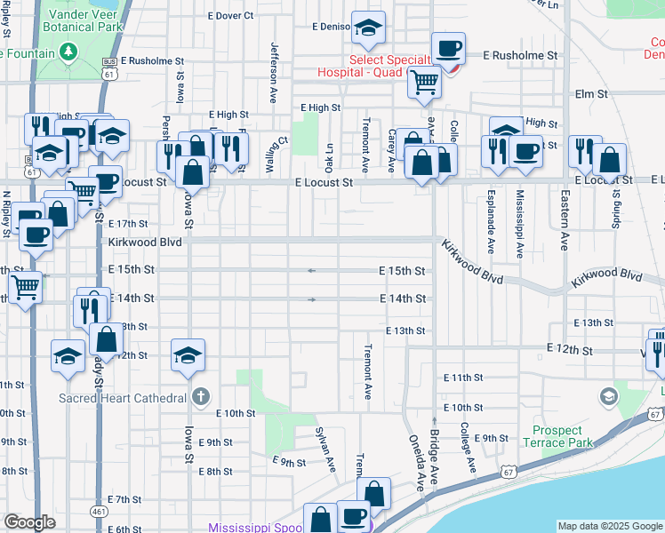 map of restaurants, bars, coffee shops, grocery stores, and more near 903 East 15th Street in Davenport