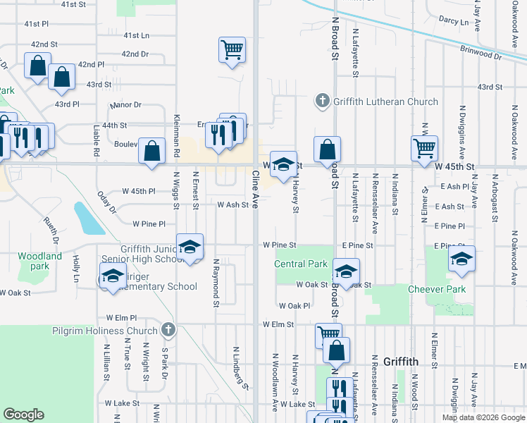 map of restaurants, bars, coffee shops, grocery stores, and more near 741 Cline Avenue in Griffith