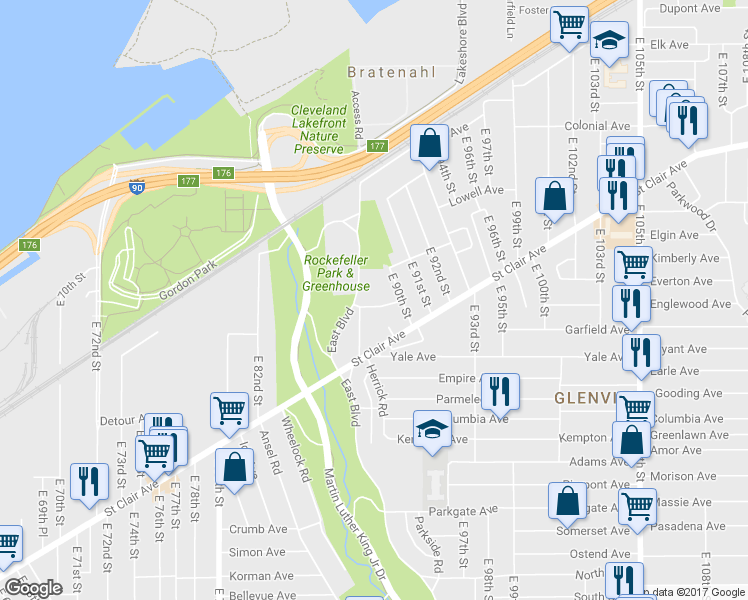 map of restaurants, bars, coffee shops, grocery stores, and more near 8815 Esterbrook Avenue in Cleveland