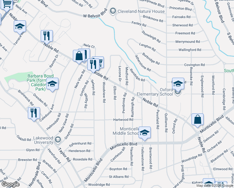 map of restaurants, bars, coffee shops, grocery stores, and more near 920 Elbon Road in Cleveland Heights