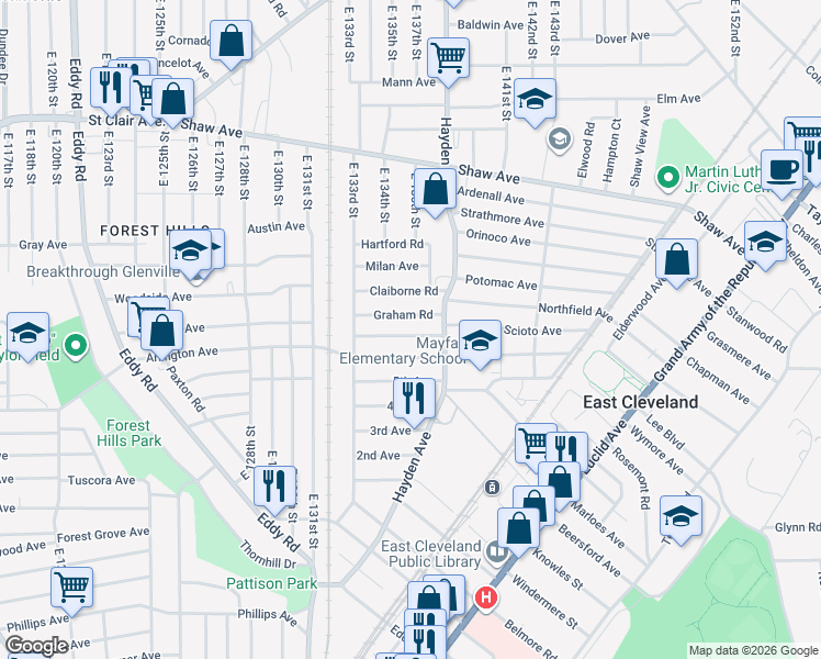 map of restaurants, bars, coffee shops, grocery stores, and more near 13604 Garden Road in East Cleveland