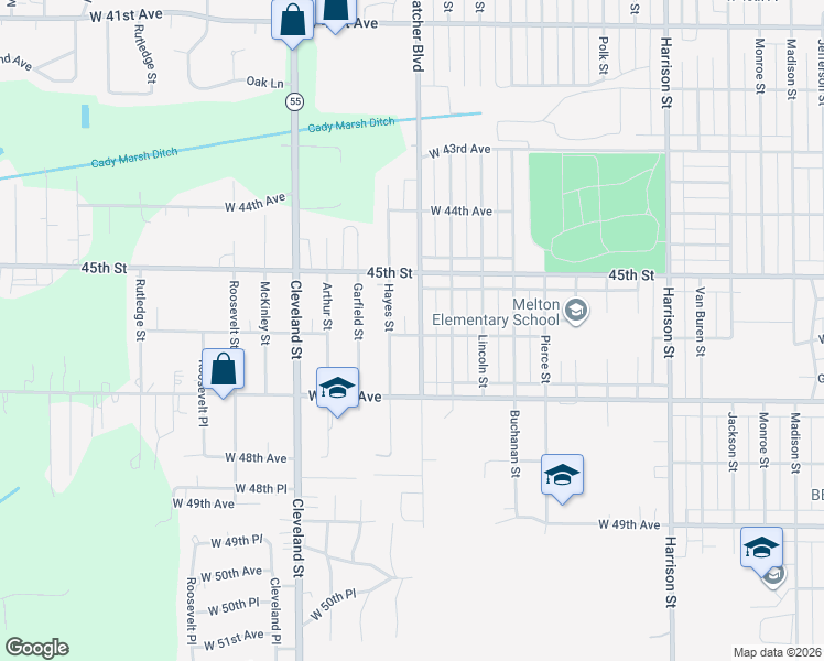 map of restaurants, bars, coffee shops, grocery stores, and more near 1555 West 46th Avenue in Gary