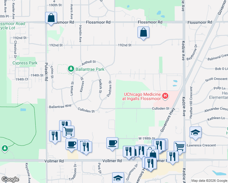 map of restaurants, bars, coffee shops, grocery stores, and more near 1441 Dunfries Street in Flossmoor