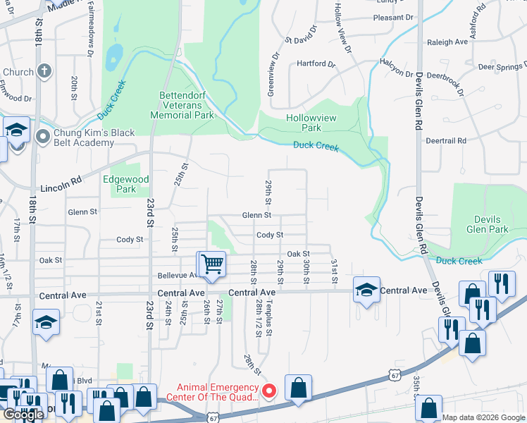 map of restaurants, bars, coffee shops, grocery stores, and more near 2805 Glenn Street in Bettendorf