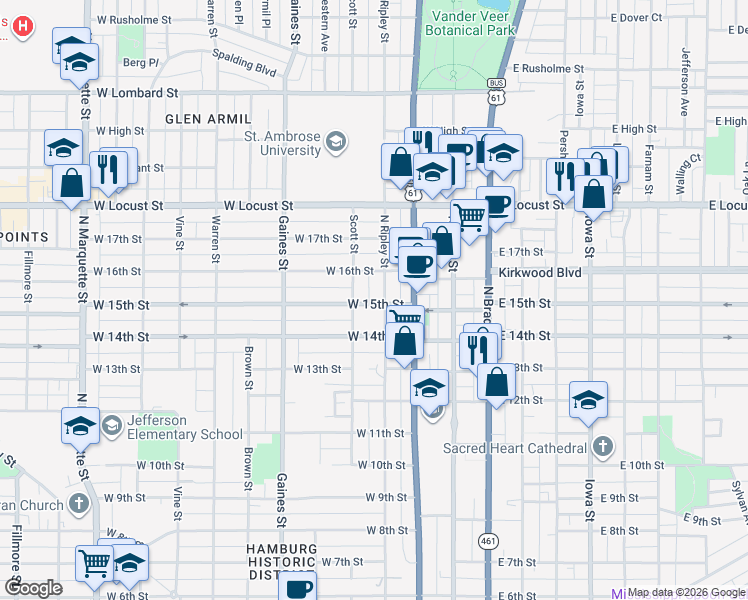 map of restaurants, bars, coffee shops, grocery stores, and more near 410 West 15th Street in Davenport