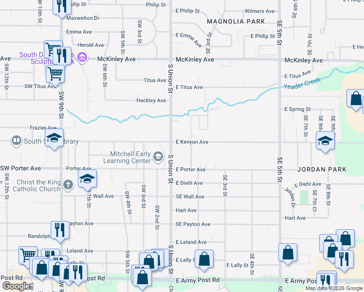 map of restaurants, bars, coffee shops, grocery stores, and more near 17 East Kenyon Avenue in Des Moines
