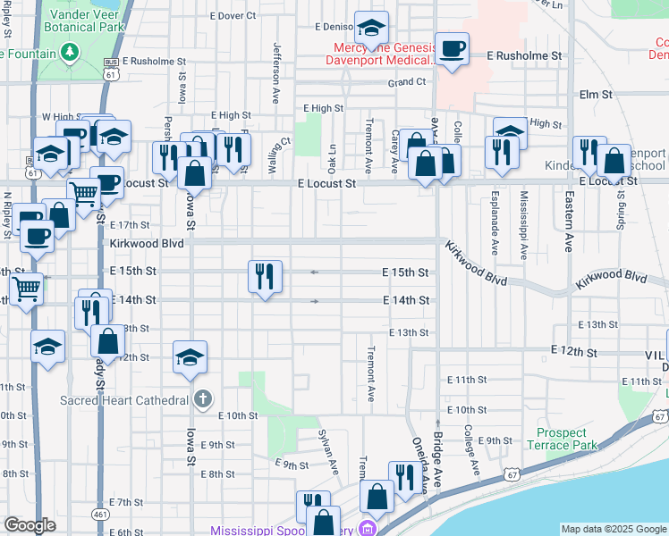 map of restaurants, bars, coffee shops, grocery stores, and more near 903 East 15th Street in Davenport