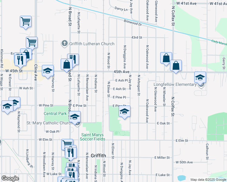 map of restaurants, bars, coffee shops, grocery stores, and more near 601 East Ash Street in Griffith