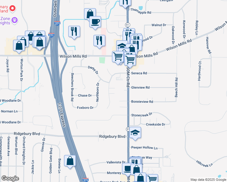 map of restaurants, bars, coffee shops, grocery stores, and more near 899 Aintree Park Drive in Mayfield