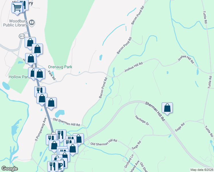 map of restaurants, bars, coffee shops, grocery stores, and more near 217 Bacon Pond Road in Woodbury