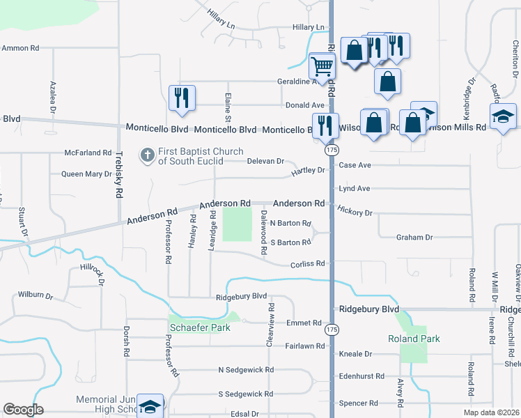 map of restaurants, bars, coffee shops, grocery stores, and more near 4959 North Barton Road in Lyndhurst