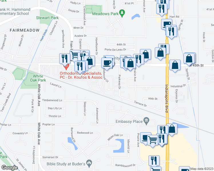 map of restaurants, bars, coffee shops, grocery stores, and more near 9834 Wildwood Court in Highland
