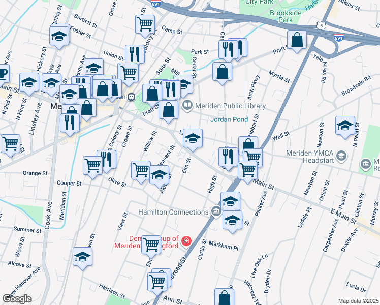 map of restaurants, bars, coffee shops, grocery stores, and more near 208 East Main Street in Meriden