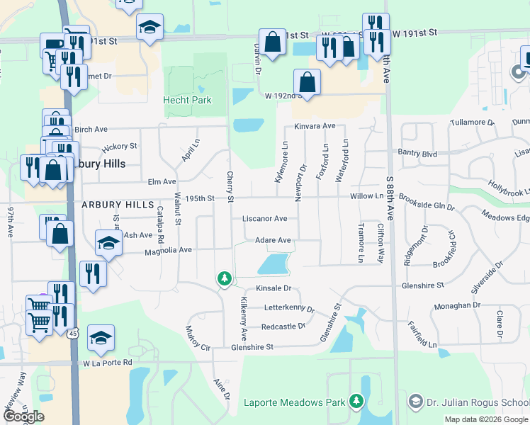map of restaurants, bars, coffee shops, grocery stores, and more near 9056 Liscanor Avenue in Mokena