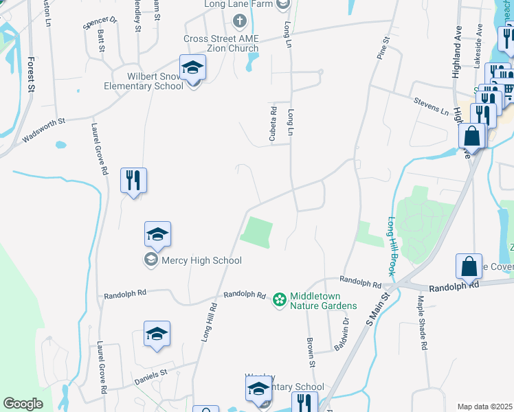 map of restaurants, bars, coffee shops, grocery stores, and more near 170 Long Hill Road in Middletown