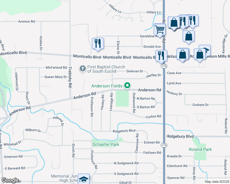 map of restaurants, bars, coffee shops, grocery stores, and more near 925 Learidge Road in Lyndhurst