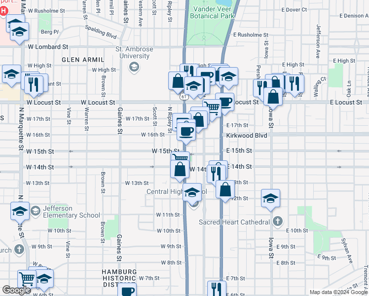 map of restaurants, bars, coffee shops, grocery stores, and more near 1527 Harrison St in Davenport