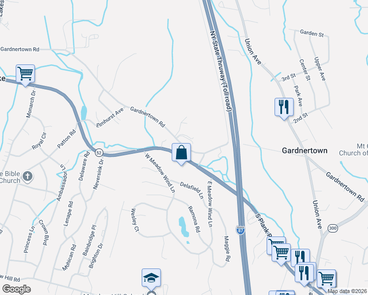 map of restaurants, bars, coffee shops, grocery stores, and more near 642 Gardnertown Road in Newburgh