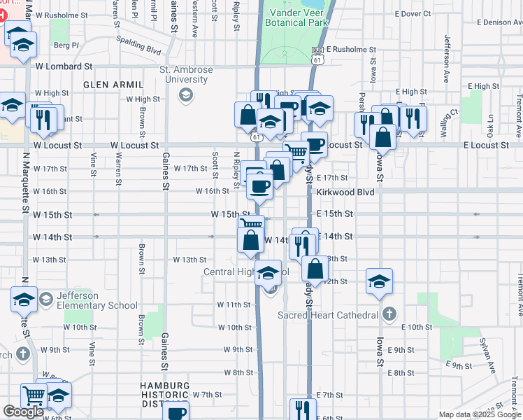 map of restaurants, bars, coffee shops, grocery stores, and more near 1509 North Harrison Street in Davenport