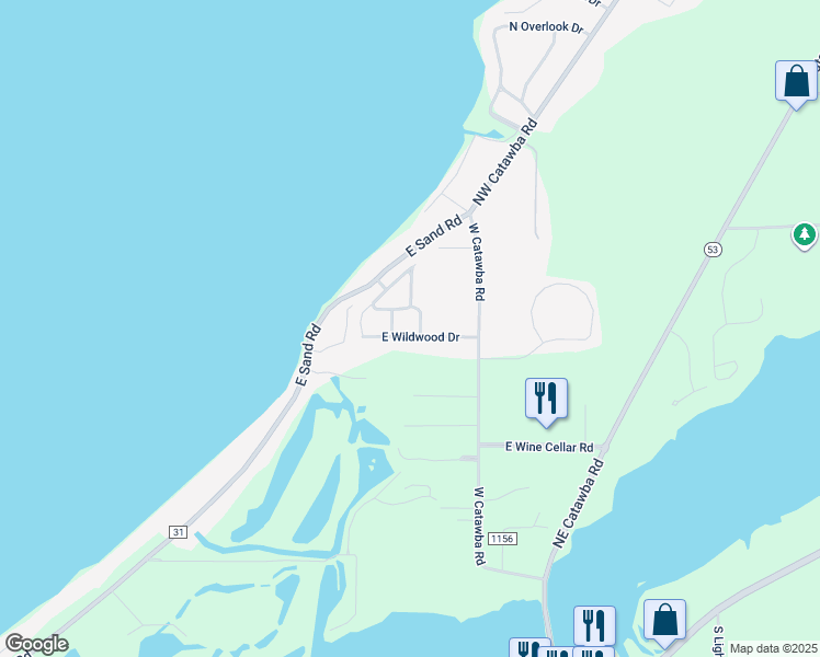 map of restaurants, bars, coffee shops, grocery stores, and more near 3559 East Wildwood Drive in Port Clinton