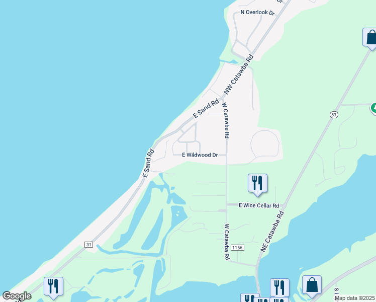 map of restaurants, bars, coffee shops, grocery stores, and more near 3559 East Wildwood Drive in Port Clinton