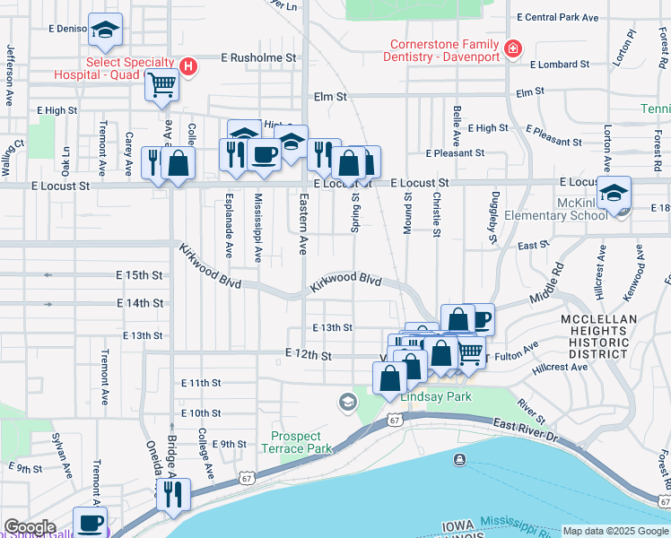 map of restaurants, bars, coffee shops, grocery stores, and more near 1810 Kirkwood Boulevard in Davenport