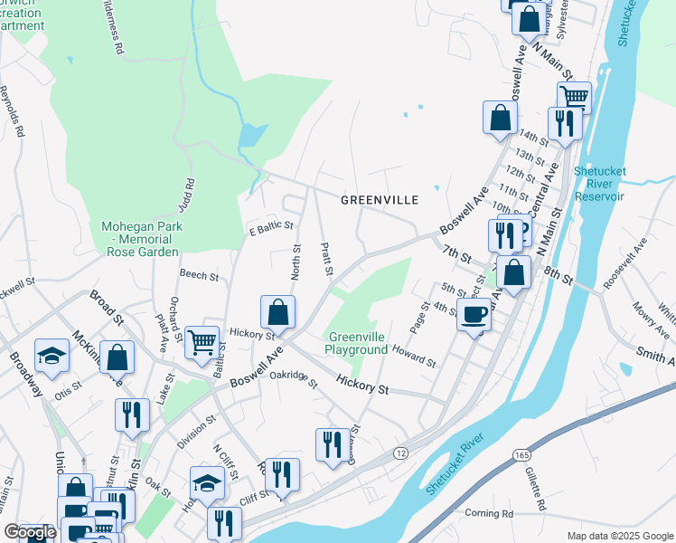 map of restaurants, bars, coffee shops, grocery stores, and more near 299 Boswell Avenue in Norwich