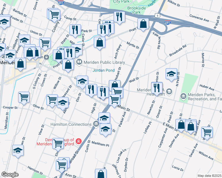 map of restaurants, bars, coffee shops, grocery stores, and more near 181 Liberty Street in Meriden