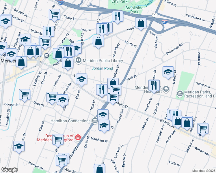 map of restaurants, bars, coffee shops, grocery stores, and more near 181 Liberty Street in Meriden