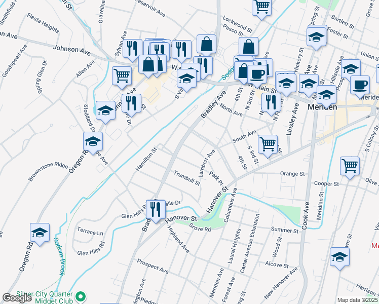 map of restaurants, bars, coffee shops, grocery stores, and more near 210 Bradley Avenue in Meriden
