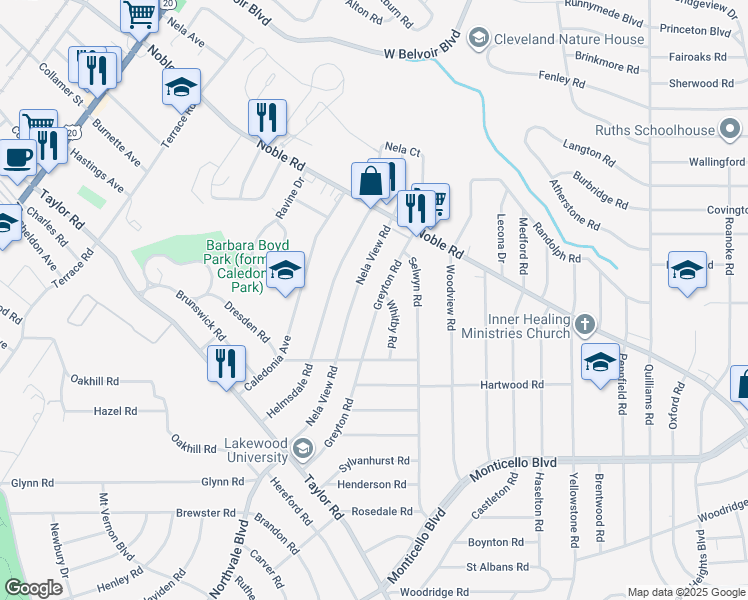 map of restaurants, bars, coffee shops, grocery stores, and more near 917 Greyton Road in Cleveland Heights