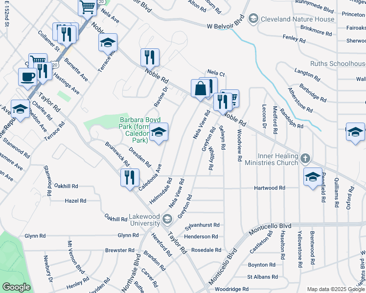 map of restaurants, bars, coffee shops, grocery stores, and more near 924 Nela View Road in Cleveland Heights