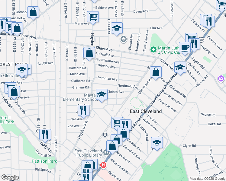 map of restaurants, bars, coffee shops, grocery stores, and more near 14208 Scioto Avenue in East Cleveland