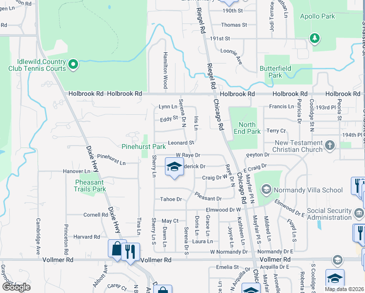 map of restaurants, bars, coffee shops, grocery stores, and more near 243 West Raye Drive in Chicago Heights